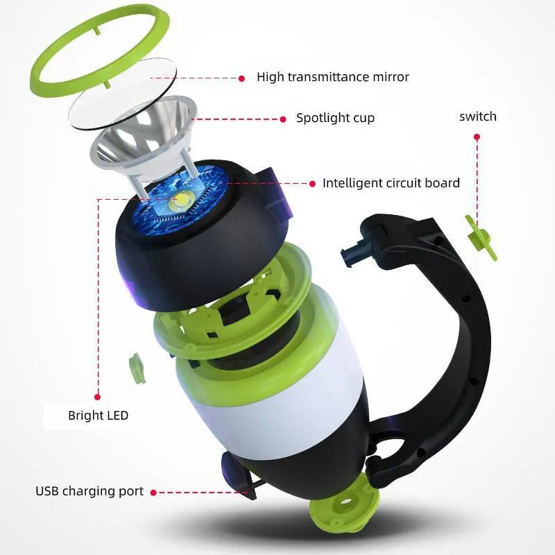 Black green multifunctional LED table lamp with adjustable light head showing three brightness modes