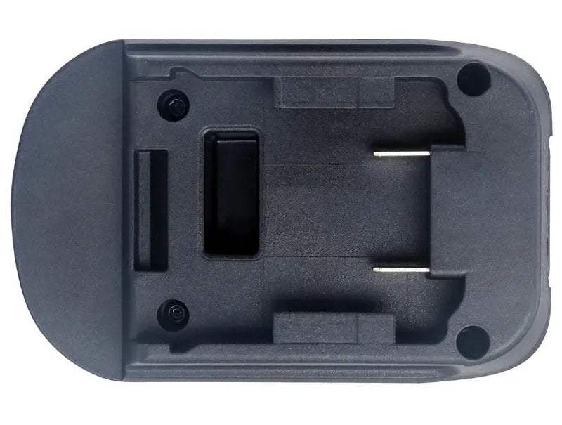 Black battery adapter for converting Milwaukee DM18M tools to use Makita H99F batteries