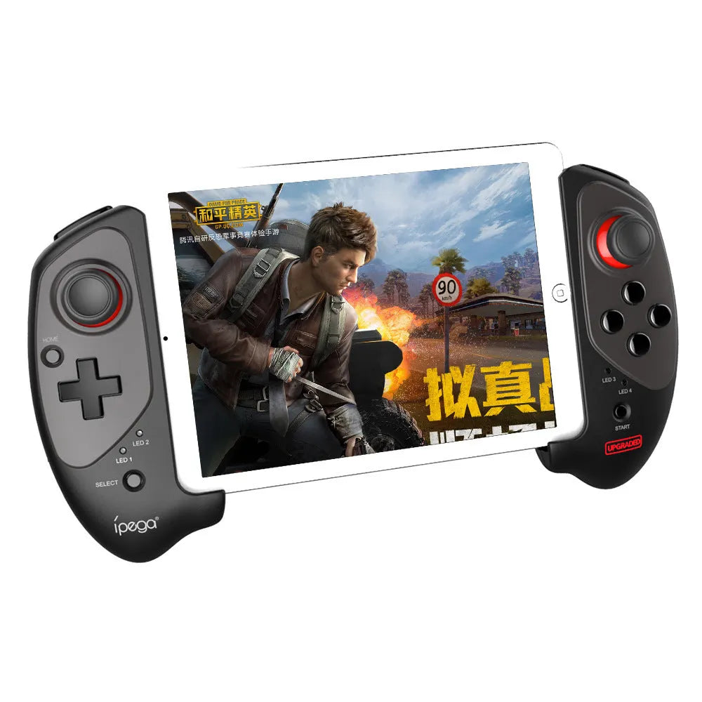 Red telescopic Bluetooth gamepad controller extended with a phone clipped in the centre.