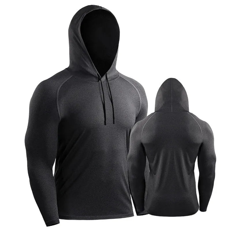 Slim long sleeve hooded workout top in polyester spandex, quick-drying, sizes M-XXXL, for running and training