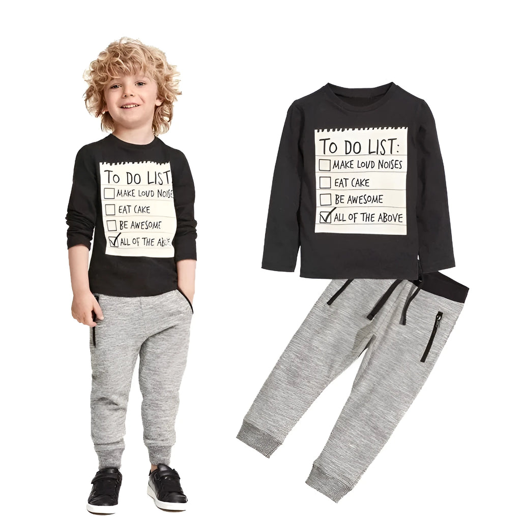 Boys cotton 2-piece casual clothing set with long sleeve T-shirt and pants in letter print design