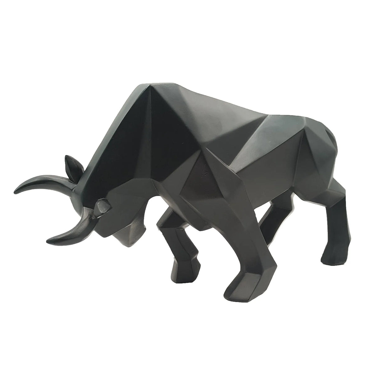 Black geometric resin bull sculpture, abstract bison statue for office or home decor, 35cm long