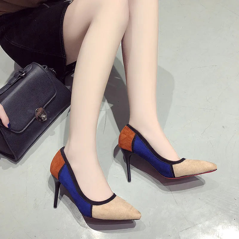 Colorblock high heels with pointed toe, hollow upper detail, beige and red colour options, sizes 34 to 39