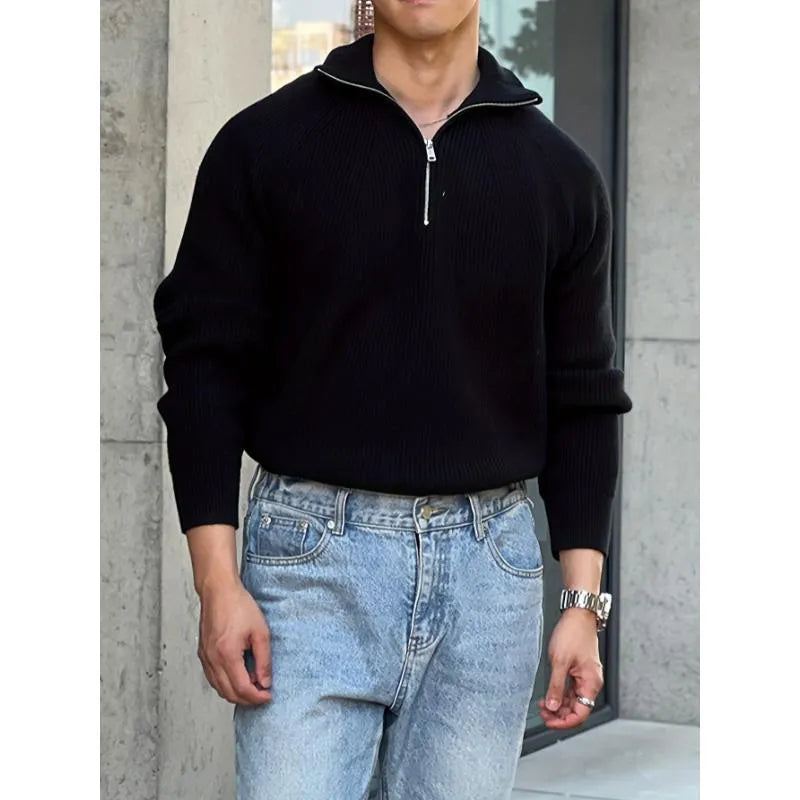 Men's modal rabbit fur loose pullover sweater in khaki or black, thickened knit, sizes S to XL