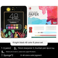 Metal tin open to show 48 pans of solid watercolour paint in various colours including black, pink, and blue.