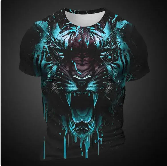 Men's grey T-shirt featuring a large, realistic 3D digital print of a tiger's face on the front.