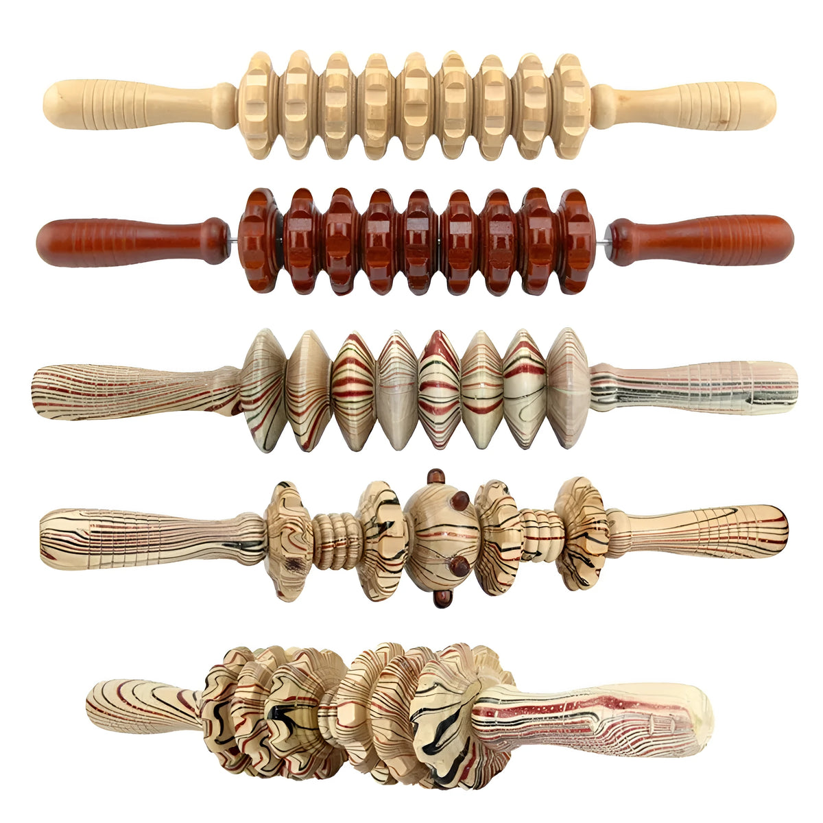 Wooden muscle massage roller stick, 39cm long with 18cm roller, 270g, five styles