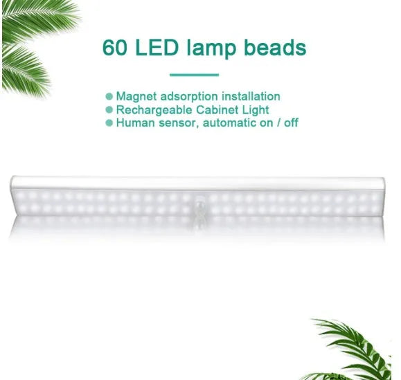 Rechargeable motion sensor LED light strip in three length options on a dark surface.