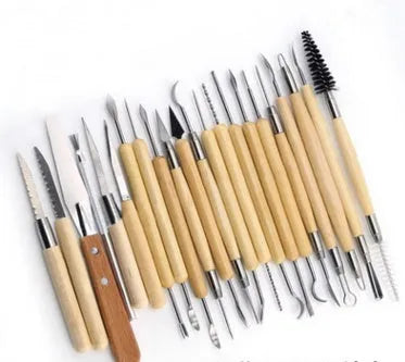 27-piece pottery clay tool set with stainless steel tools, wooden implements, plastic tools, a rolling pin, and an OPP storage bag.