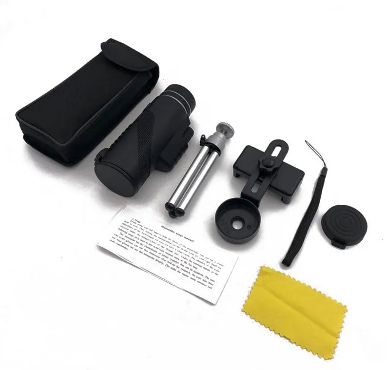 Black HD 40x60 monocular telescope for mobile phone attachment with 40x magnification
