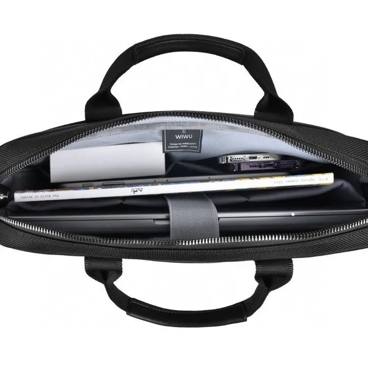 Black Oxford cloth laptop backpack with multiple pockets and a lock, shown in 14 inch and 15.6 inch sizes.