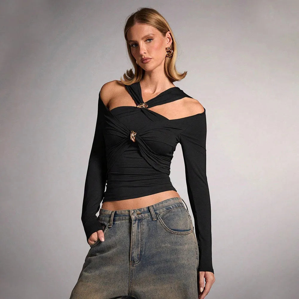 Black women's halter top with slim fit and shoulder-baring neckline.