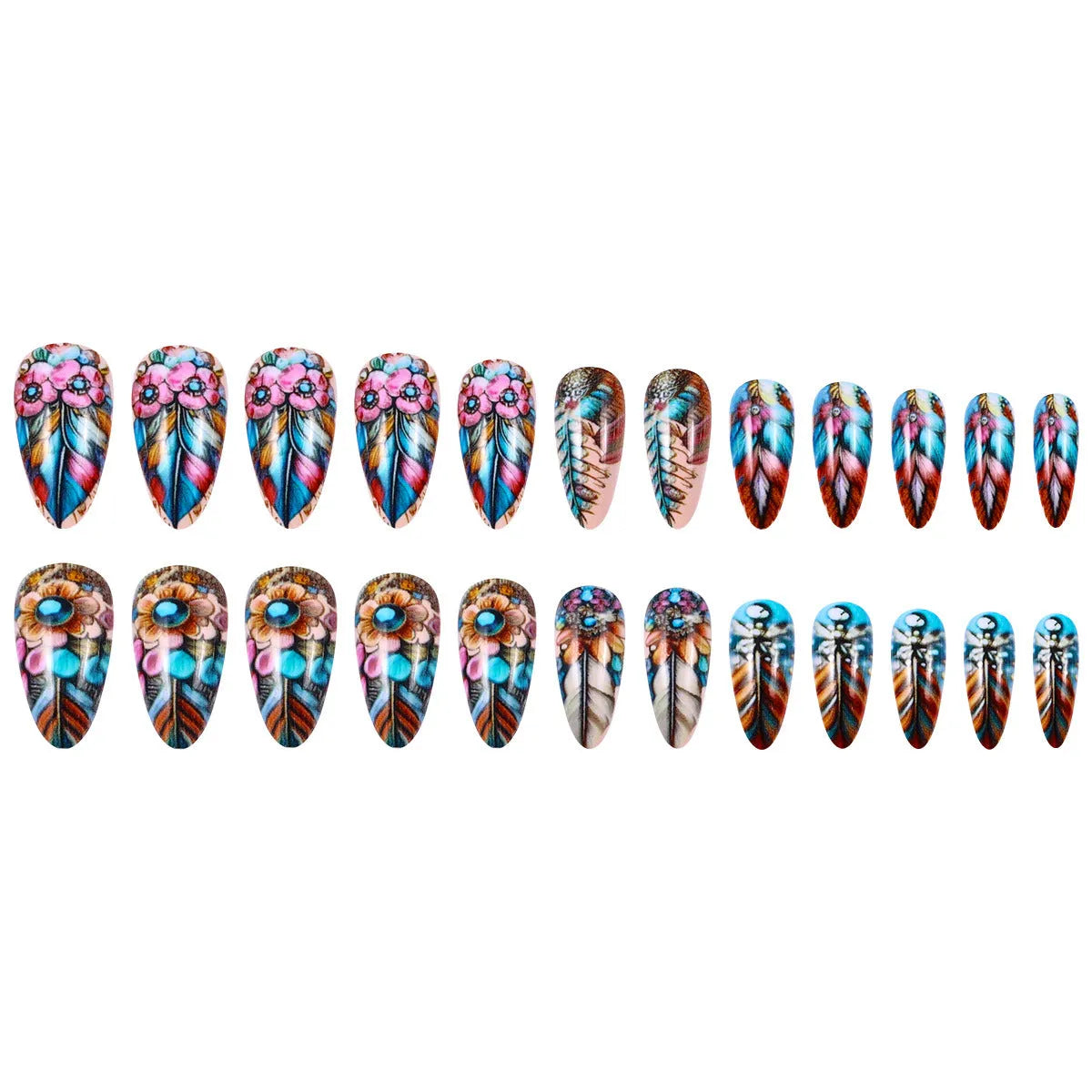 Retro style nail art kit with colourful feather pattern burnishing sticks on plastic tools