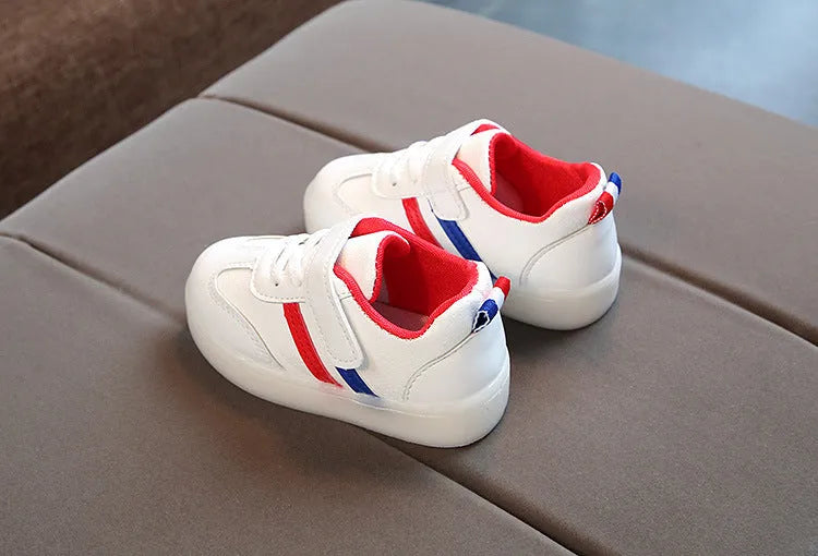 Kimmy White LED Sneakers in red, green, or black with Velcro strap and rubber sole, sizes 21-30