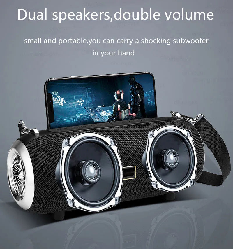 F666 mini Bluetooth portable speaker in black with shoulder strap and mobile phone stand