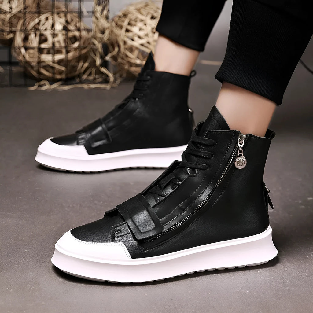 Men's black and white PU leather winter ankle boots with high-top sneaker styling showing size range 38-43