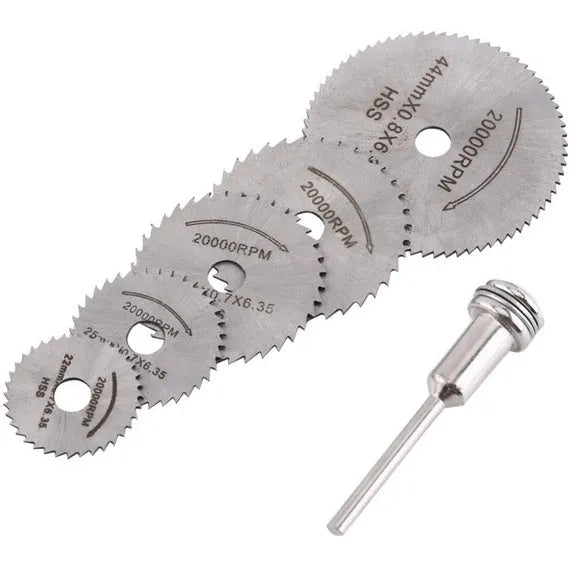Set of 6 circular saw blades with mandrel showing high-speed steel construction and 15mm inner diameter