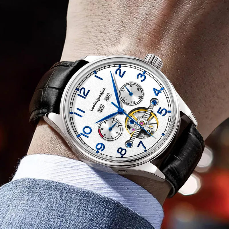 Men's business hollow mechanical watch with sapphire crystal glass and transparent case back on leather strap