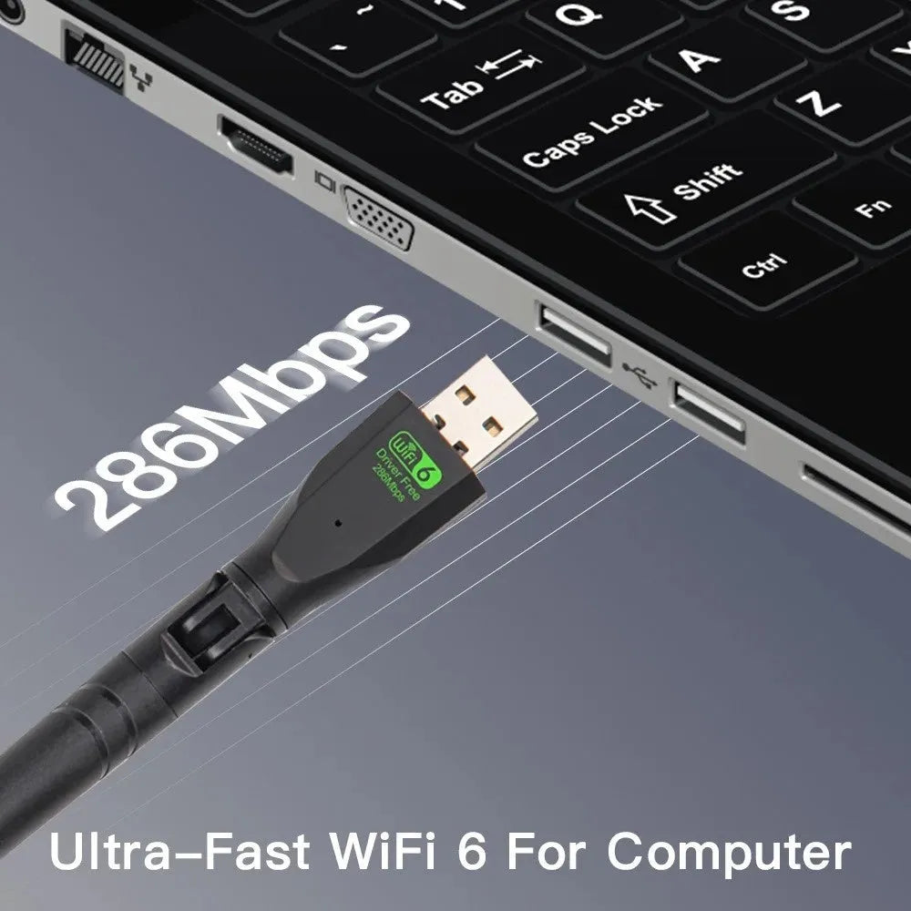 Black USB WiFi 6 wireless network card with instruction manual