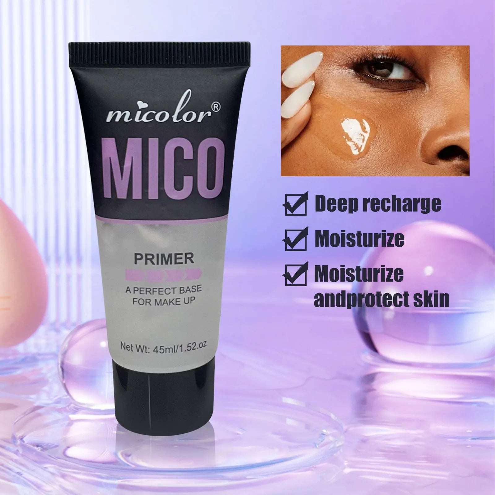 Two-in-one makeup primer and setting spray with 85ml total volume in monochrome packaging