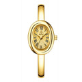 Women's gold and silver oval retro quartz watch with spiral pattern dial options on wrist.