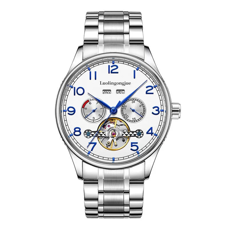 Men's business hollow mechanical watch with sapphire crystal glass and transparent case back on leather strap