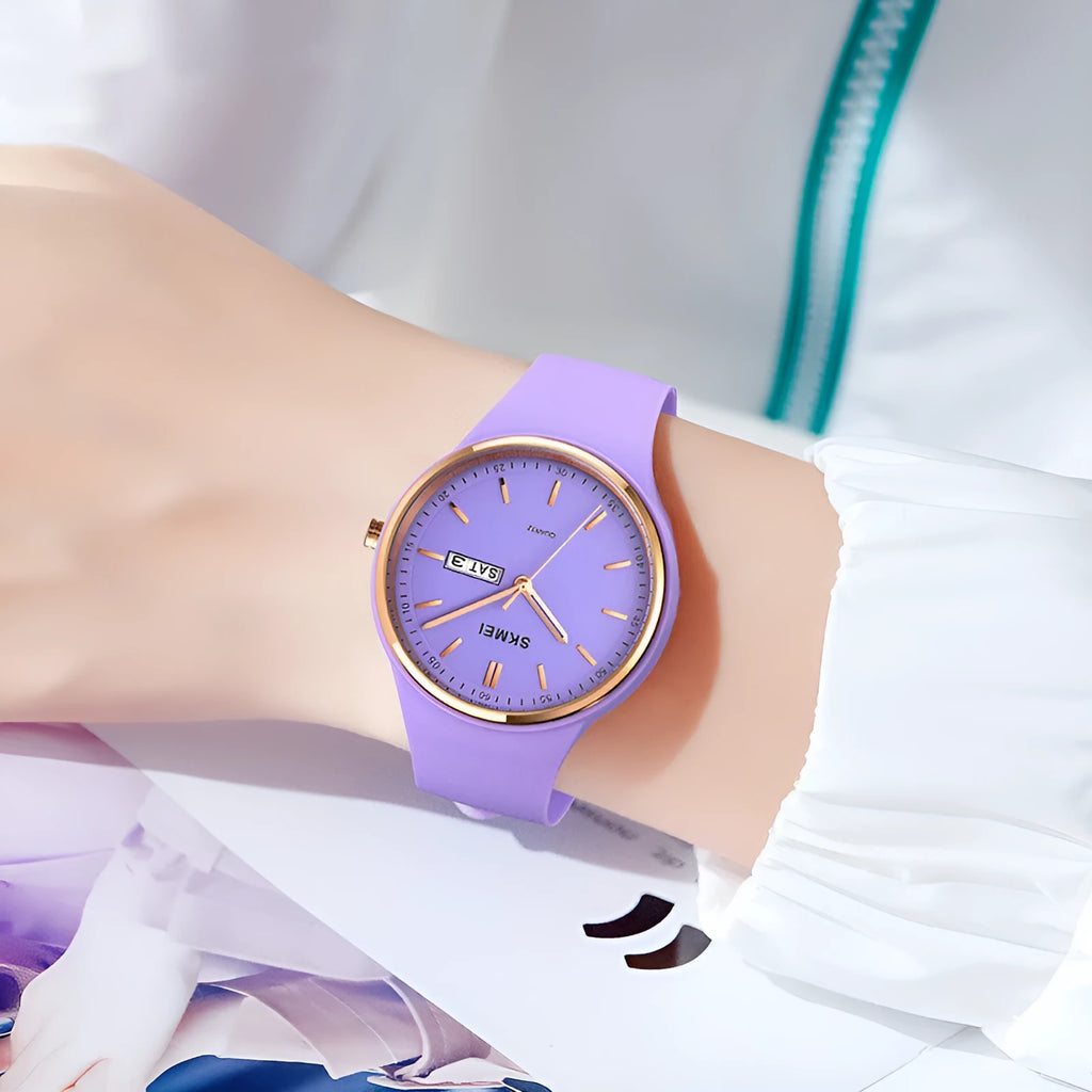 Women's silicone strap quartz watch with date display on 42mm dial showing six colour options