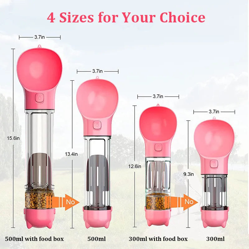 300ml multi-functional pet water bottle in yellow with side poop shovel and bottom garbage bag compartment