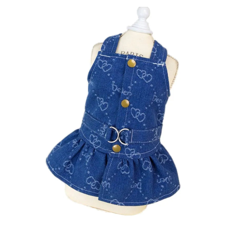 Small white Bichon dog wearing a denim princess dress with bracket skirt design