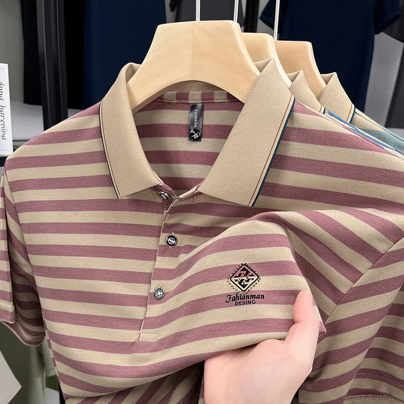 Man wearing a red and white mosaic striped casual short sleeve polyester shirt.