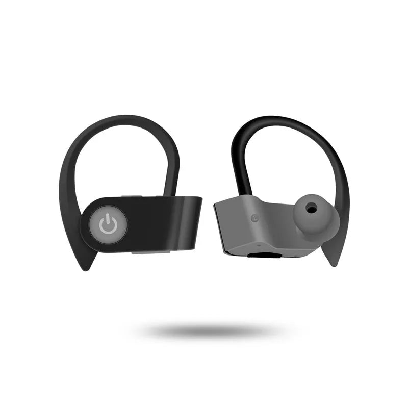 Black wireless Bluetooth earphones with ergonomic in-ear design showing buttons and LED indicator