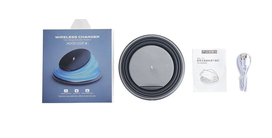 Wireless charger pad in Grey or White, 138 x 138 x 30mm, ABS plastic and silicone, 5W and 10W.