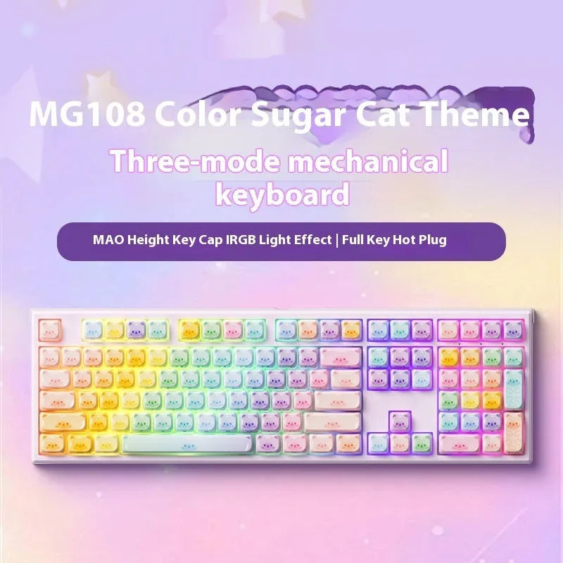 Bluetooth mechanical keyboard with coloured sugar cat themed keycaps in MG108B colour scheme