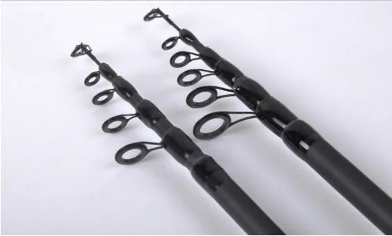 Telescopic carbon fishing rod with matte coating, inline guide rings, and choice of gun handle or straight handle in multiple lengths