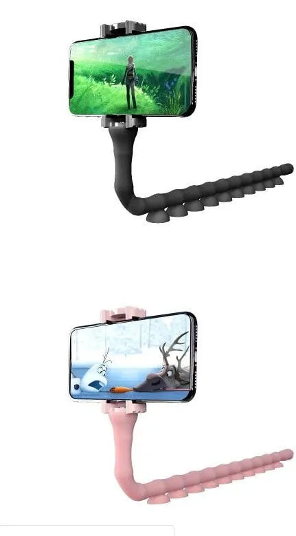 Black flexible rubber phone holder with suction cup base and long worm arm extended.
