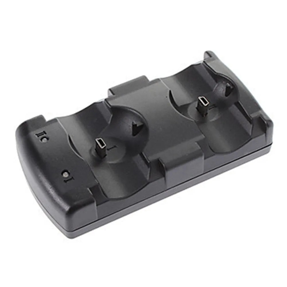 Black PS3 dual controller charging dock with two controller bays and USB cable