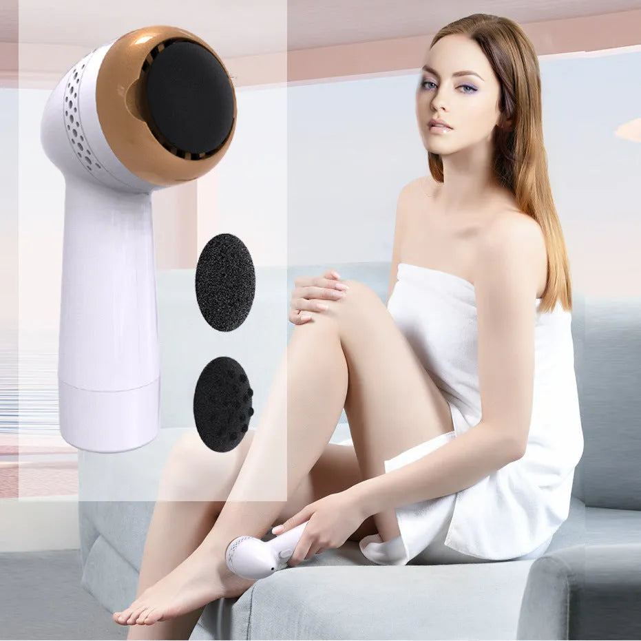 Electric vacuum foot grinder with quartz grinding head in a metallic finish, shown removing calluses on dry skin.