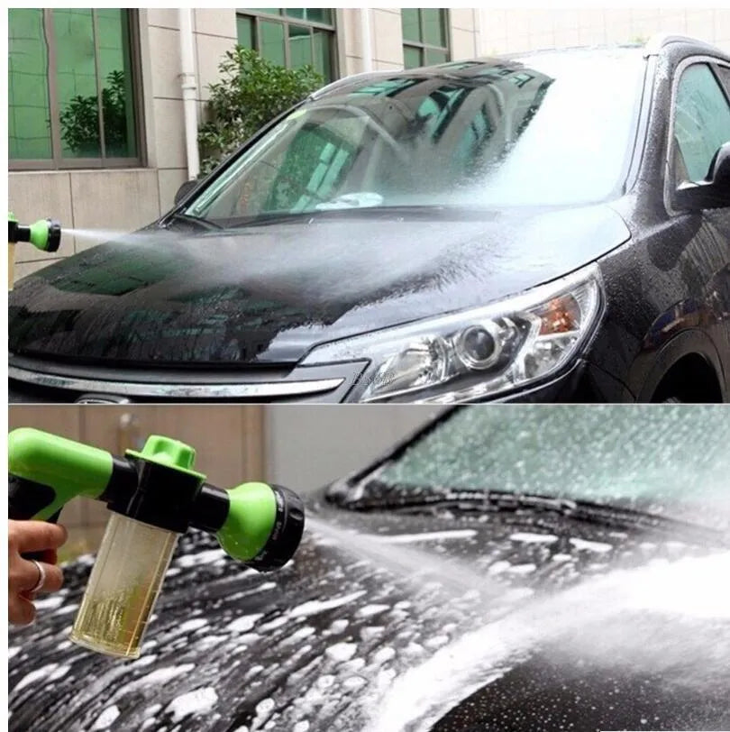Green high-pressure foam spray gun with adjustable nozzle for car washing and garden cleaning