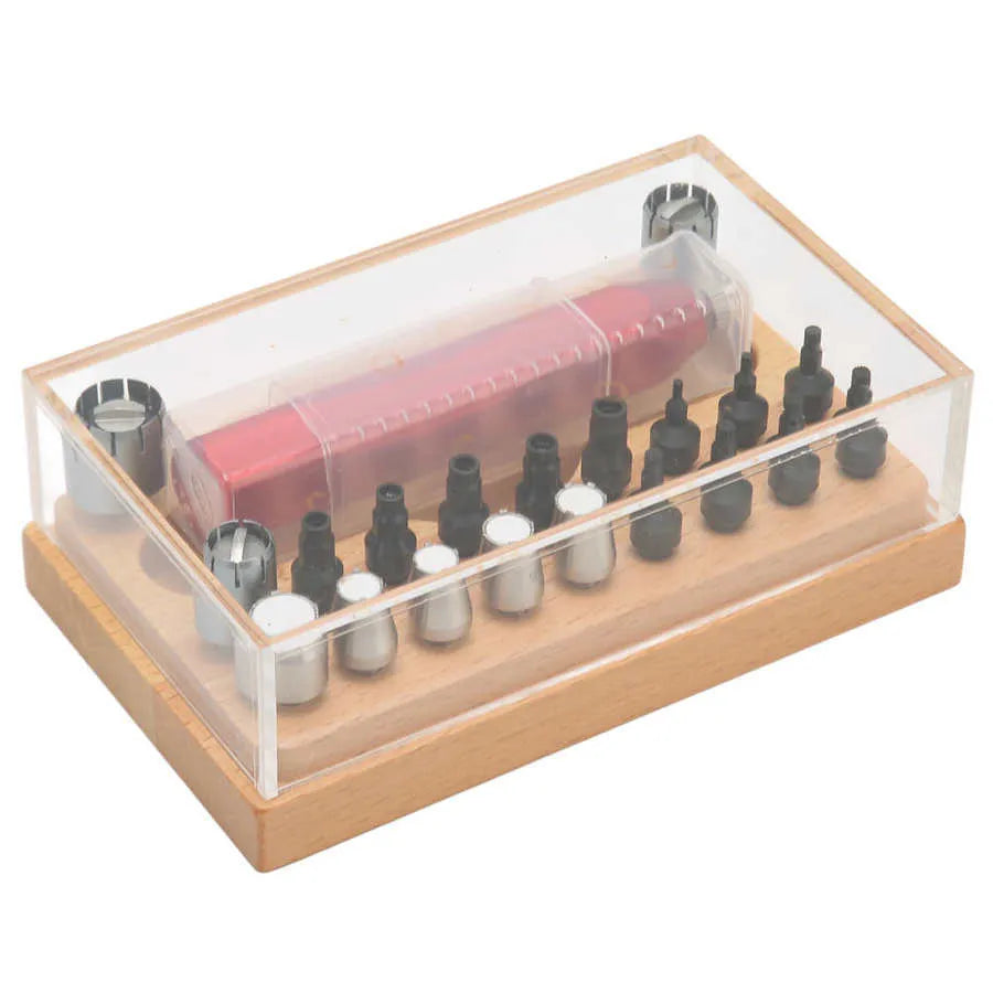 Set of 20 steel watch repair extracting tubes for opening watch cases on a repair mat.