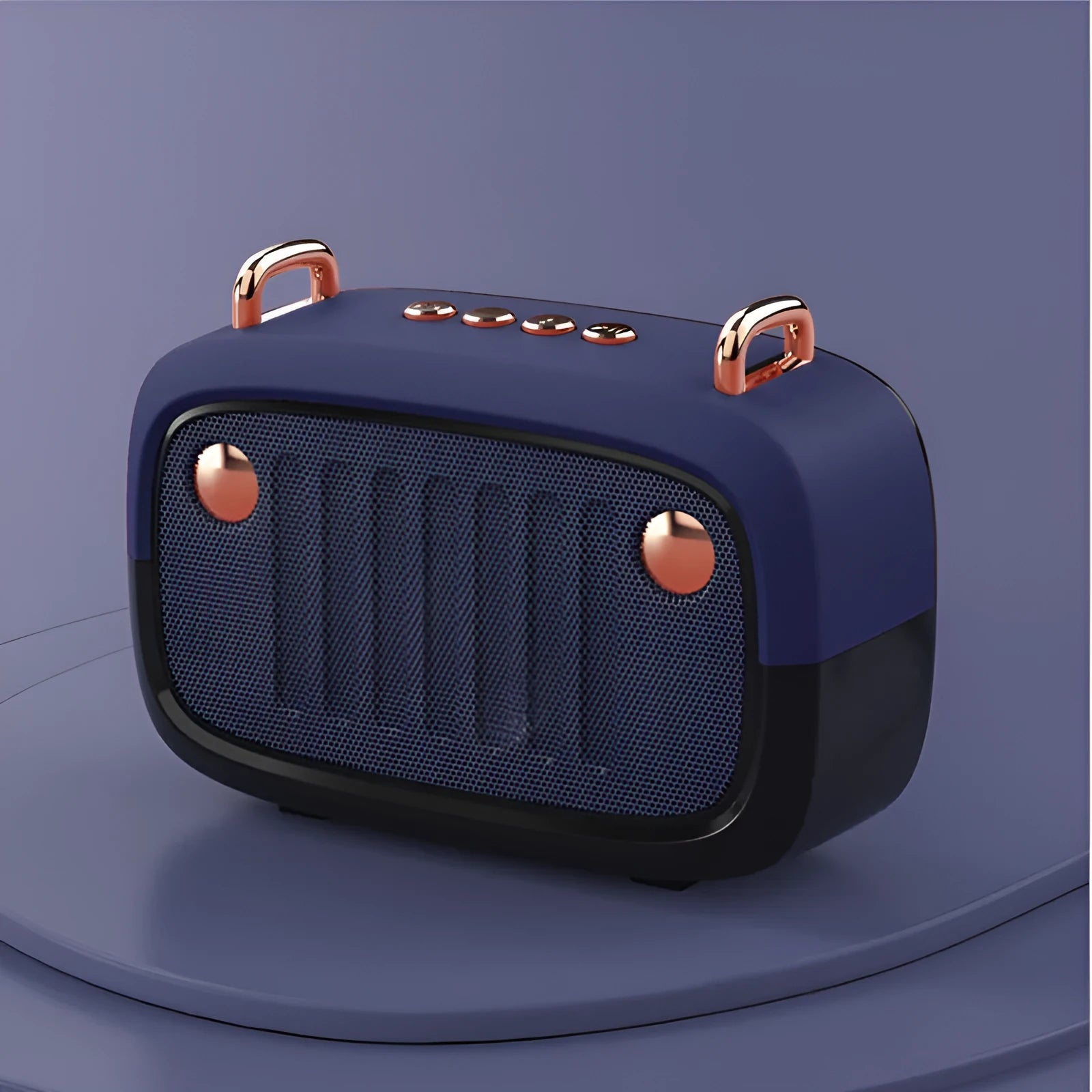 Compact portable mini Bluetooth subwoofer speaker in black, blue, green, grey, or orange, showing USB port and control buttons.