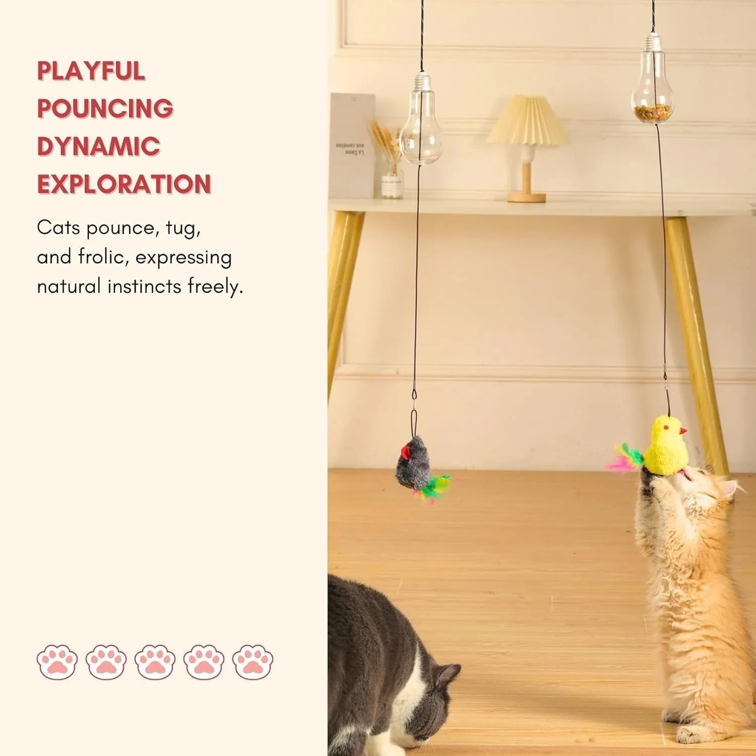 Grey and yellow retractable hanging cat toy with treat dispenser and dangling mouse attachment