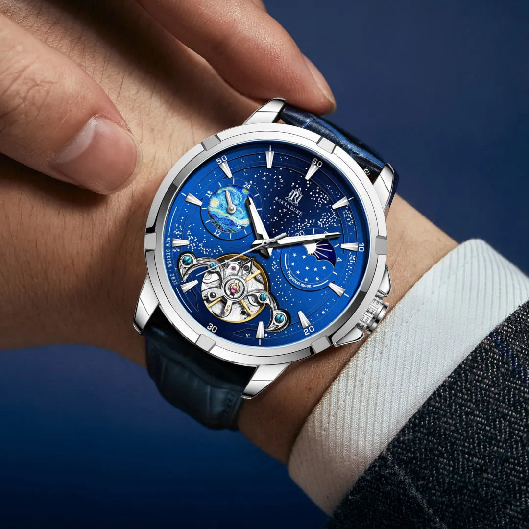 Men's blue automatic mechanical watch with metal bracelet showing side profile with 14mm thickness