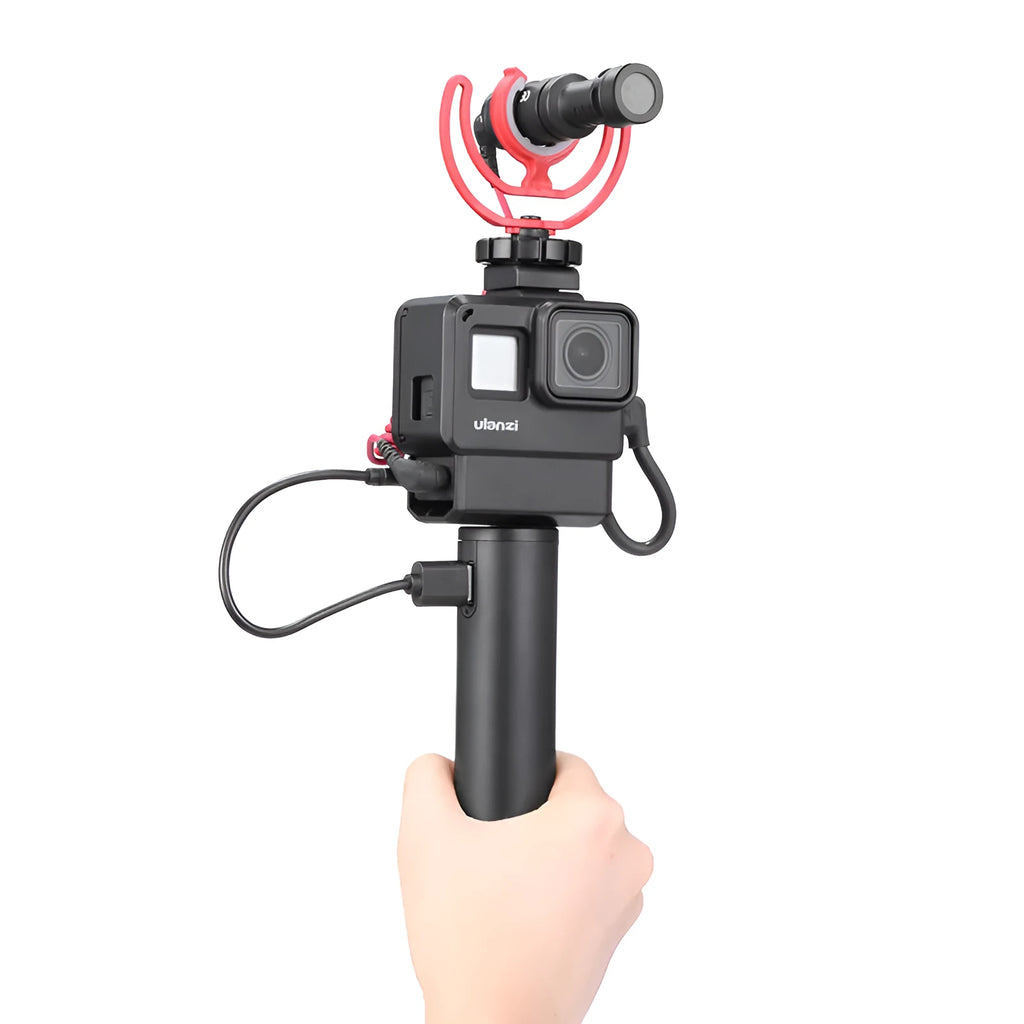 Black aluminium alloy power bank handle with 6800mAh capacity, shown next to a mobile phone.