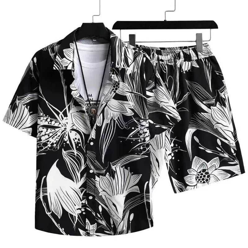 Men's digital print casual suit featuring a short sleeve cardigan and matching elastic polyester shorts.