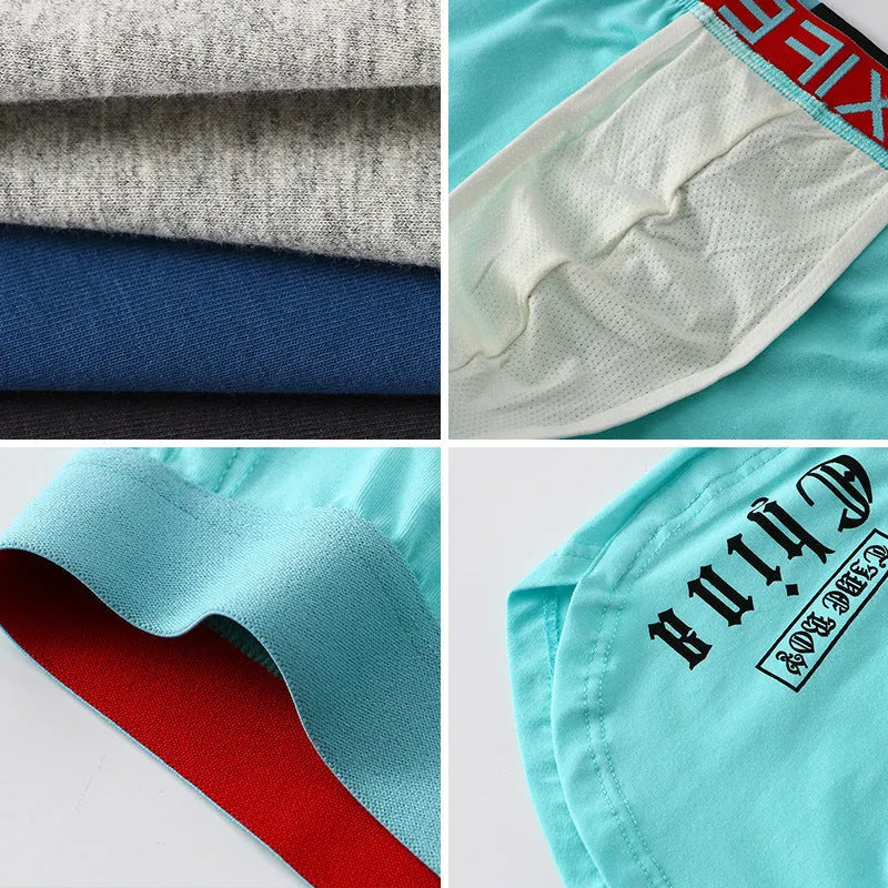Men's loose breathable cotton boxer briefs, plus size mid waist, letter number text pattern, white black grey blue cyan dark grey