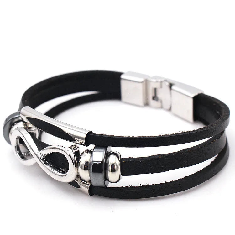 Men's cowhide leather bracelet with figure 8 infinity pendant and silver water wave chain in black or brown.