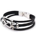 Men's cowhide leather bracelet with figure 8 infinity pendant and silver water wave chain in black or brown.
