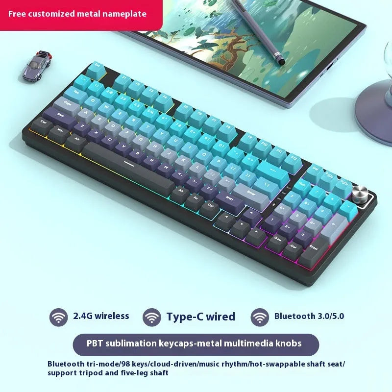 98-key wireless Bluetooth mechanical keyboard kit with metal control knob and multiple colour options
