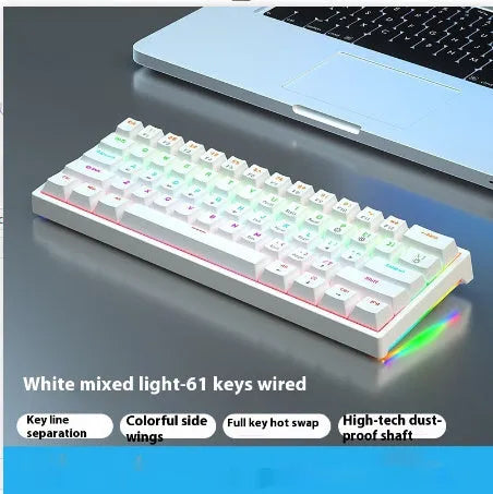 Bluish black 61-key compact mechanical keyboard with hot-swappable sockets and coloured keycaps.