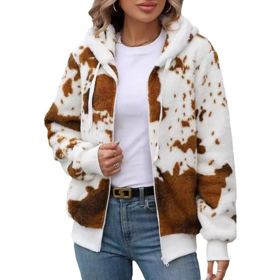 Yellow brown cow print plush hooded zip-up cardigan jacket